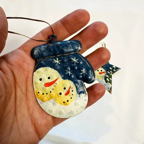 Primitive Farmhouse Christmas Bundle Of 2 Snowman Tin Tree Ornaments - Picture 4 of 5